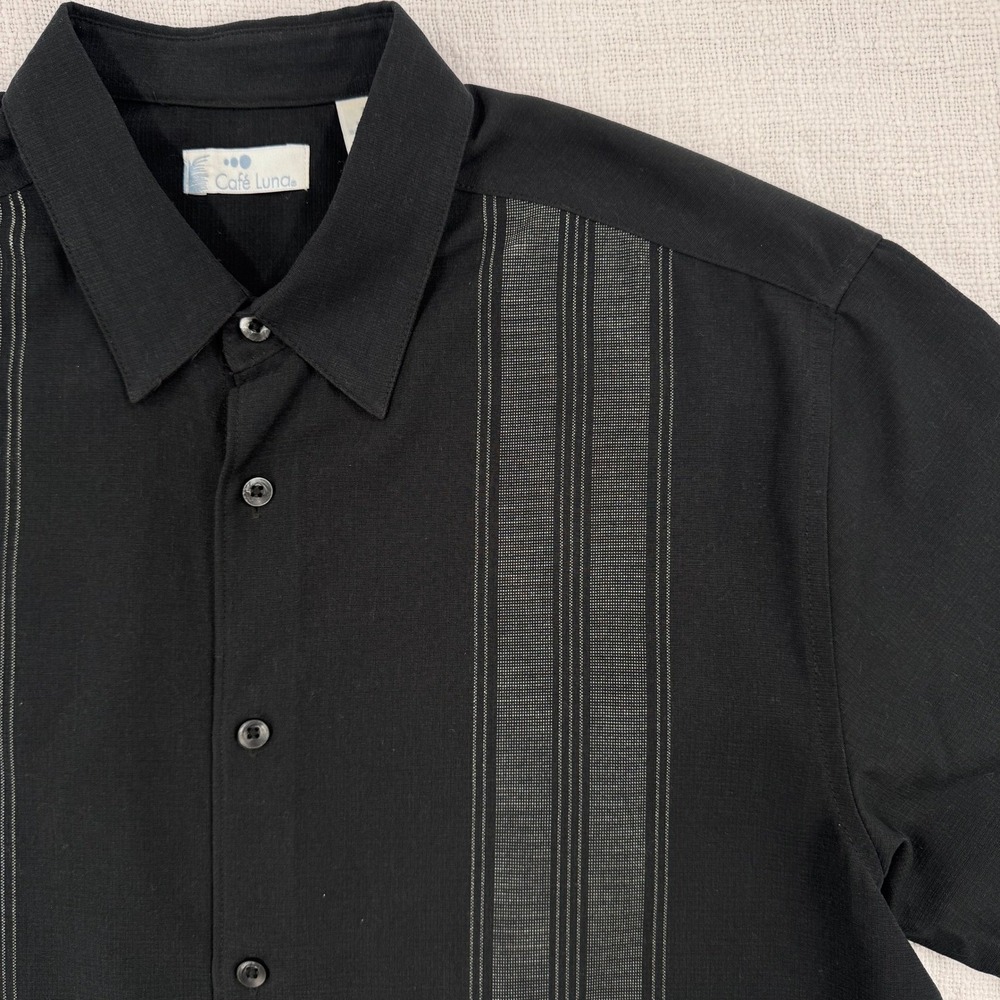 Cafe Luna Mens Medium Black Woven Short Sleeve Guayabera Style Button Down Shirt